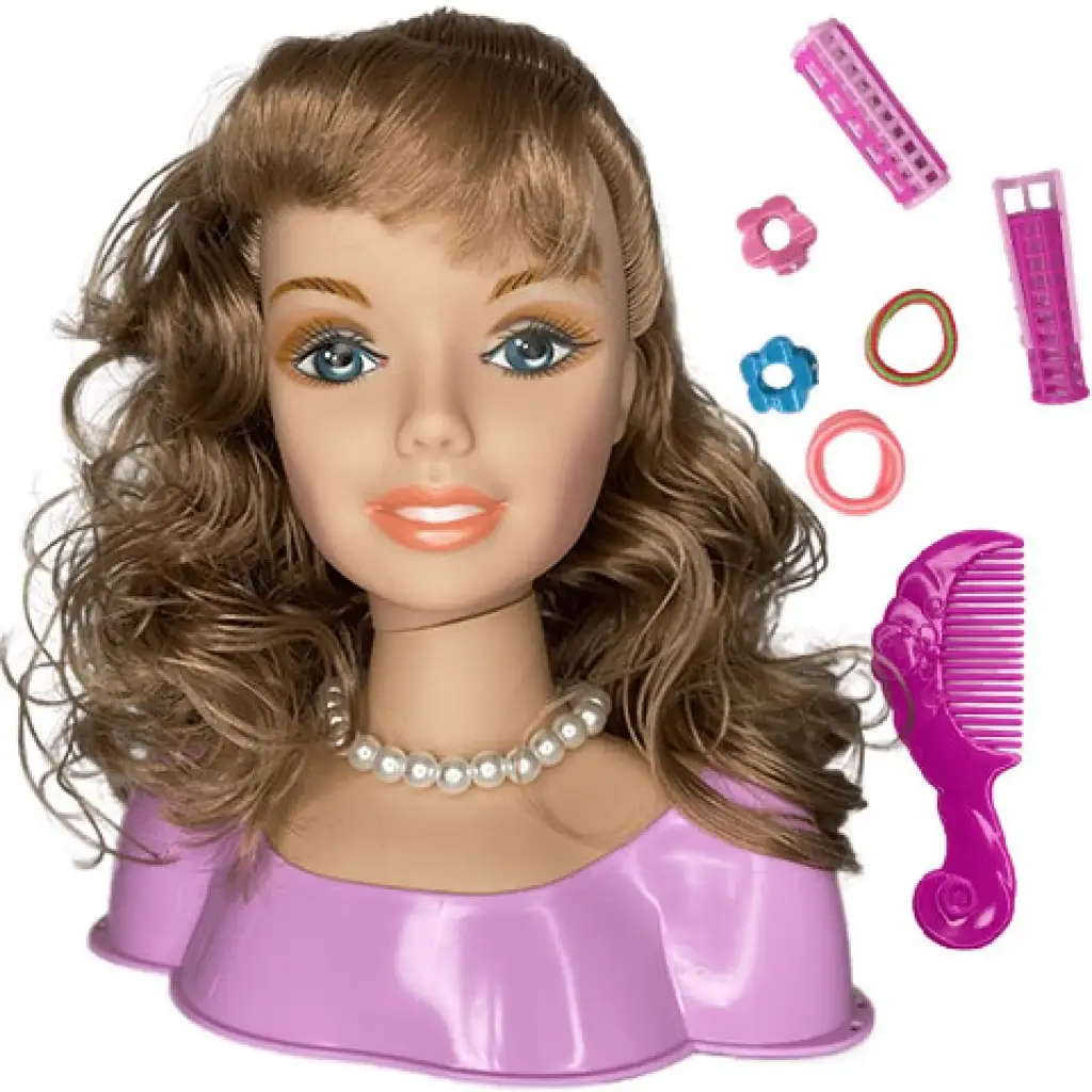 Fésülhető barna hajú babafej gyöngy nyaklánccal és kiegészítőkkel kép 2