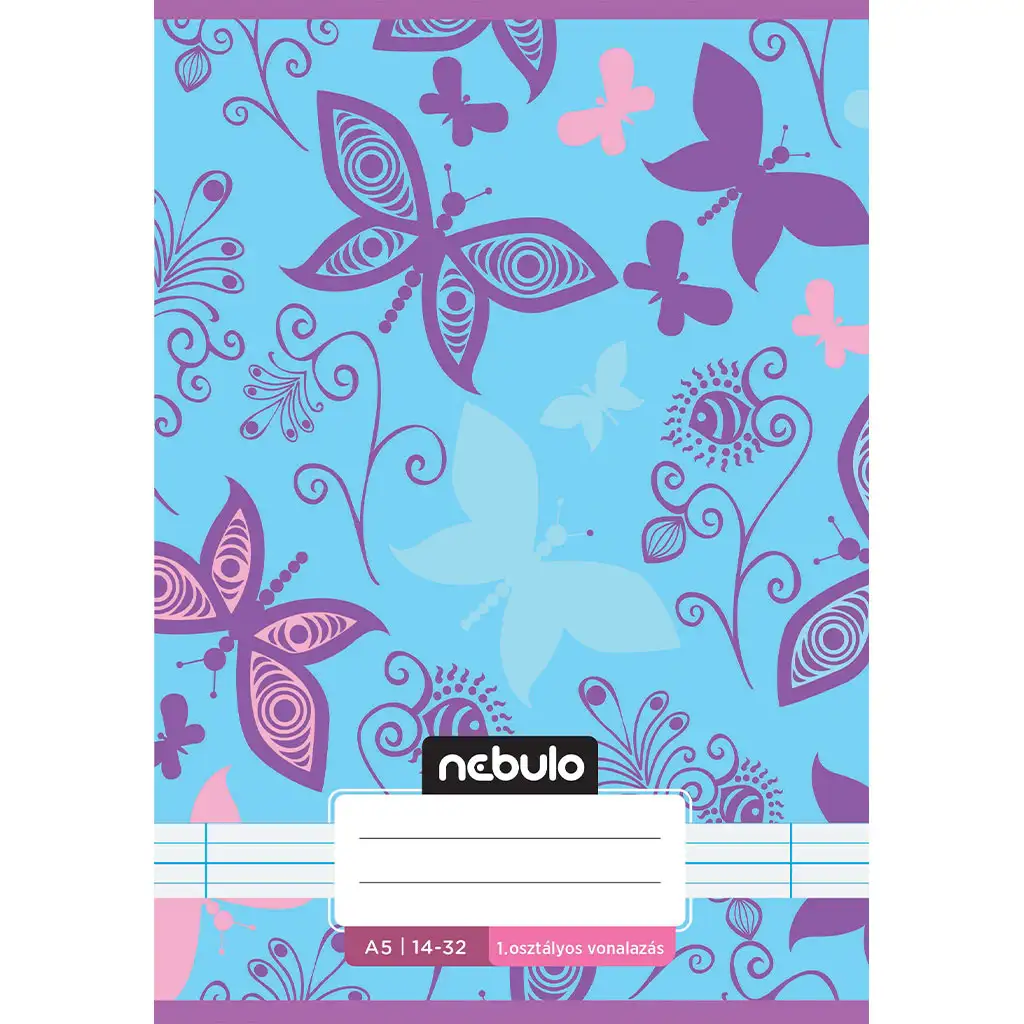 Nebulo: Tűzött 1. osztályos vonalas füzet A5-ös 14-32 Cuki mintás - Pillangós
