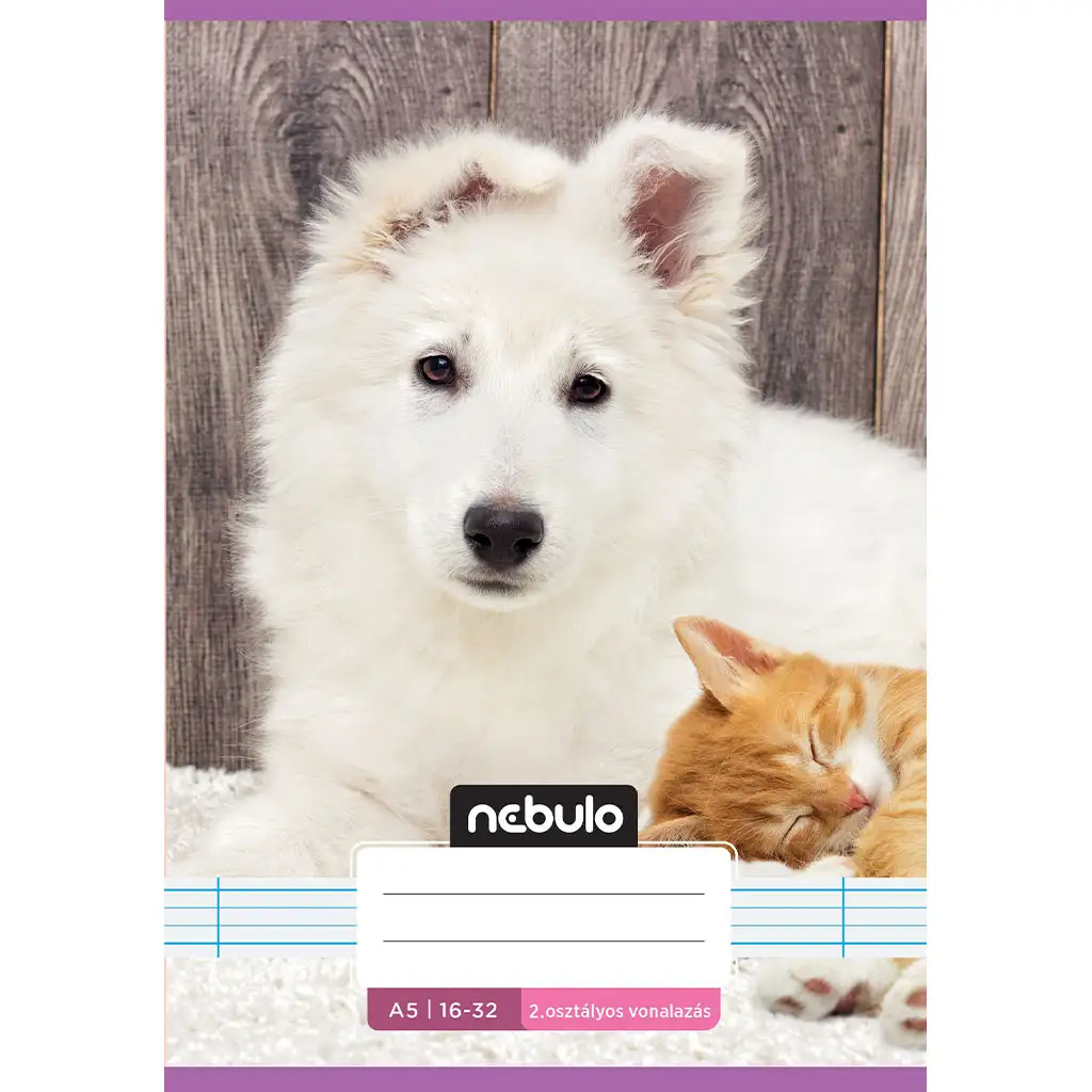 Nebulo: Tűzött 2. osztályos vonalas füzet A5-ös 16-32 Cuki mintás - Barátságos háziállatok