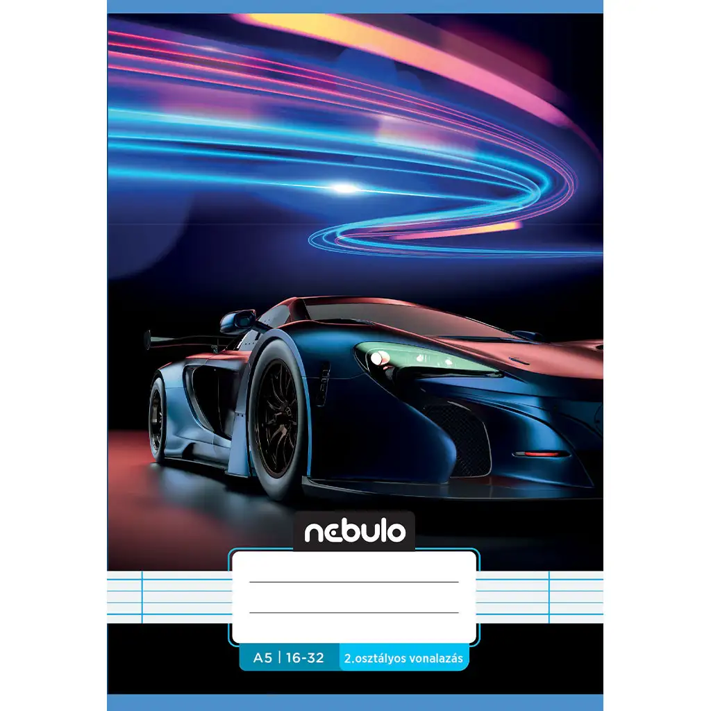 Nebulo: Tűzött 2. osztályos vonalas füzet A5-ös 16-32 Vagány mintás - Autós