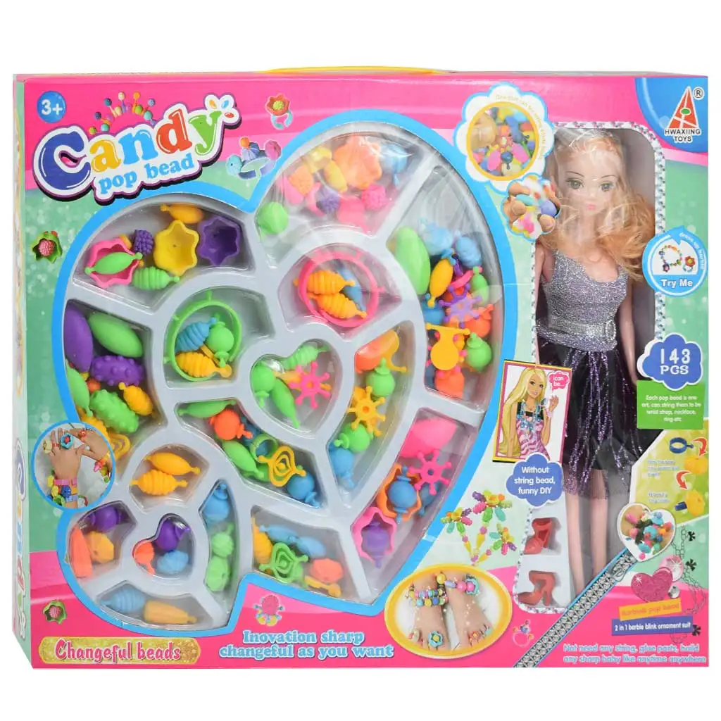 Candy PopBead: 143db-os Ékszerkészítő gyöngyszett babával, színes gyöngyökkel, gyűrűkkel és kiegészítő elemekkel