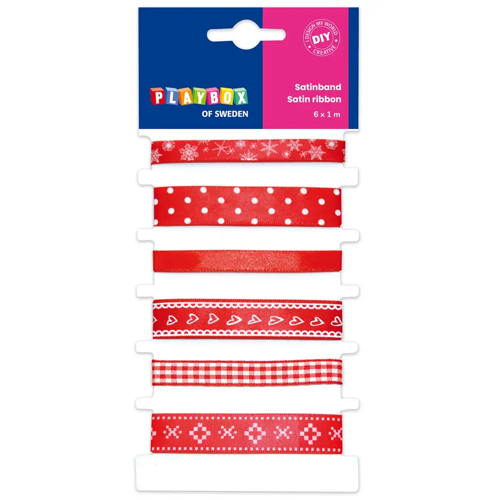 PlayBox: Piros szatén szalag szett többféle mintával 6 db-os szett 1m