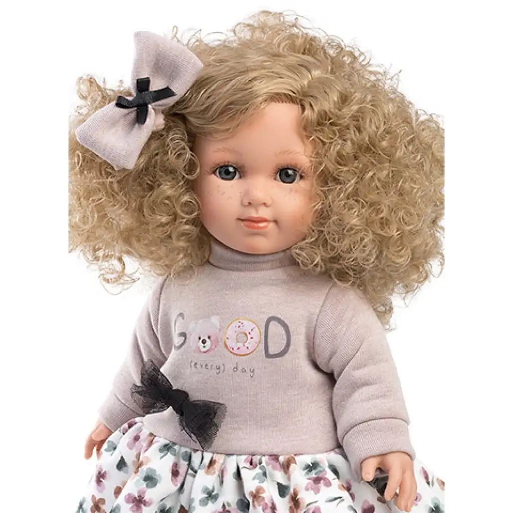Llorens: Elena baba tüllös virágos ruhában, göndör szőke hajjal 35cm kép 2