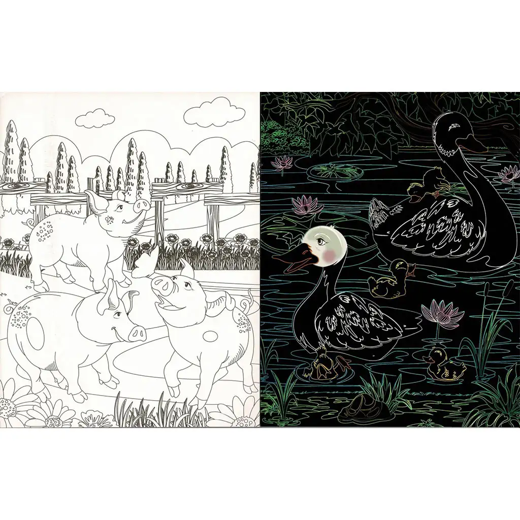 Rejtőzködő tanyasi állatok - Kifestőfüzet kaparós és színezős oldalakkal kép 2