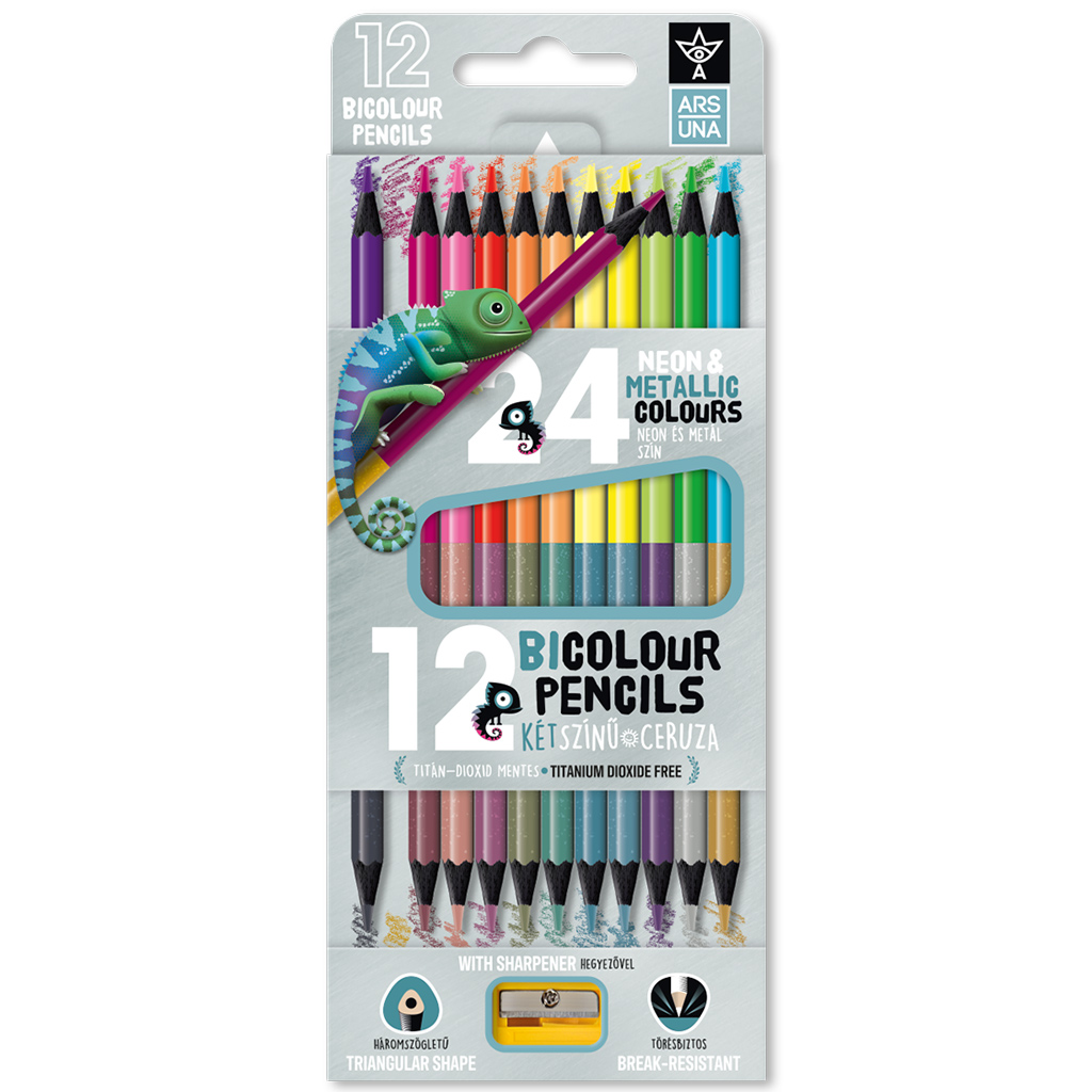 Ars Una: 12/24db-os neon-metál bicolor, háromszögletű színes ceruzakészlet, hegyezővel