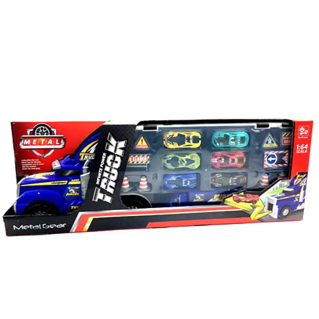 Autószállító kamion kisautókkal és táblákkal