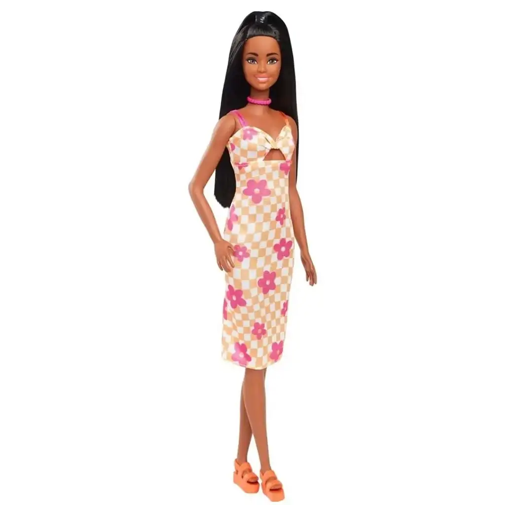 Barbie: Fashionista stílusos baba kockás, virágos mintás ruhácskában - Mattel kép 2