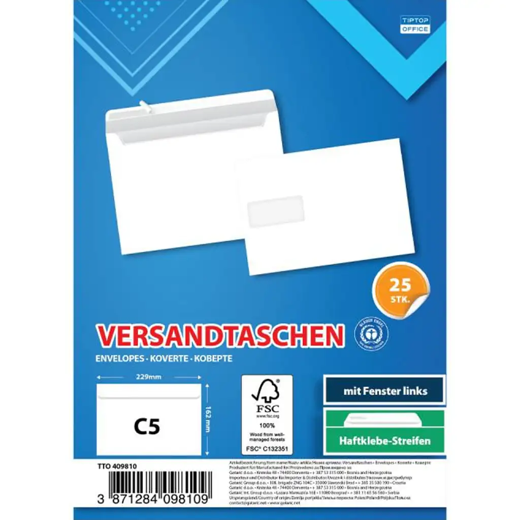 Spirit: Fehér bal ablakos boríték C5 22,9x16,2cm 25db-os csomag