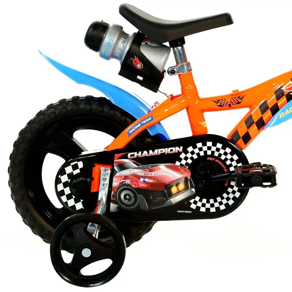 Hot Wheels 12” gyerek bicikli kulacstartóval és oldalkerekekkel narancssárga-fekete színben – Dino Bikes kerékpár kép 2