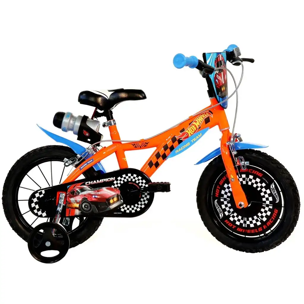 Hot Wheels 16” gyerek bicikli kulacstartóval és oldalkerekekkel narancssárga-fekete színben – Dino Bikes kerékpár