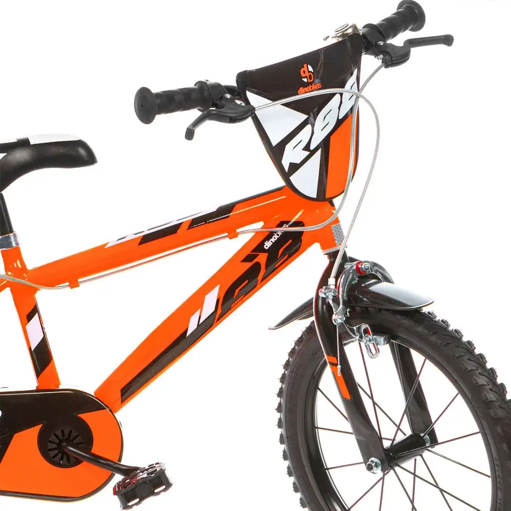 R88 14” gyerek bicikli kulacstartóval és oldalkerekekkel narancssárga-fekete színben – Dino Bikes kerékpár kép 3