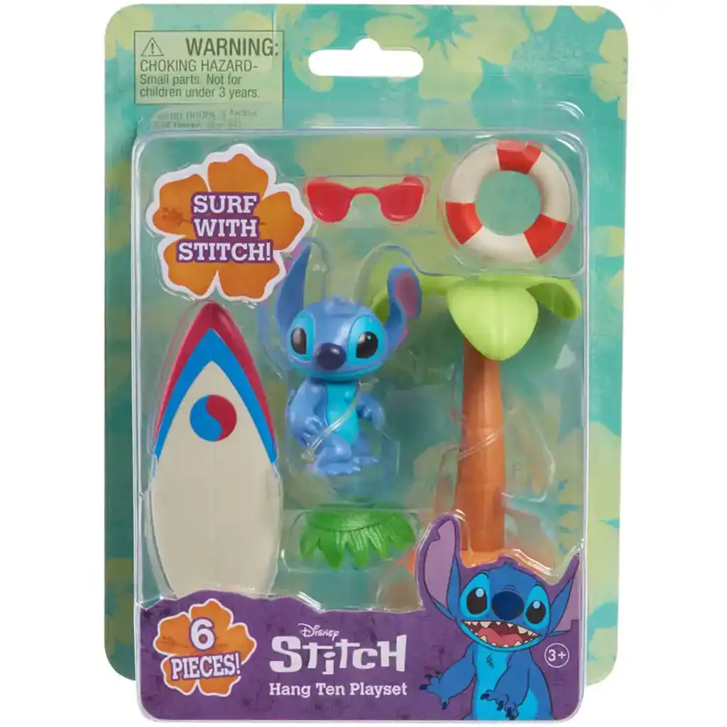 Stitch játékfigura szörfdeszkával és pálmafával