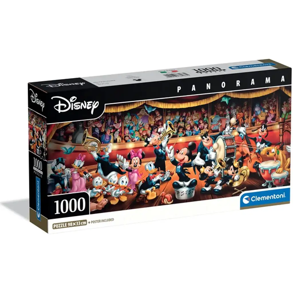 Disney – Mickey és barátai zenekarban 1000db-os panoráma puzzle poszetrrel - Clementoni