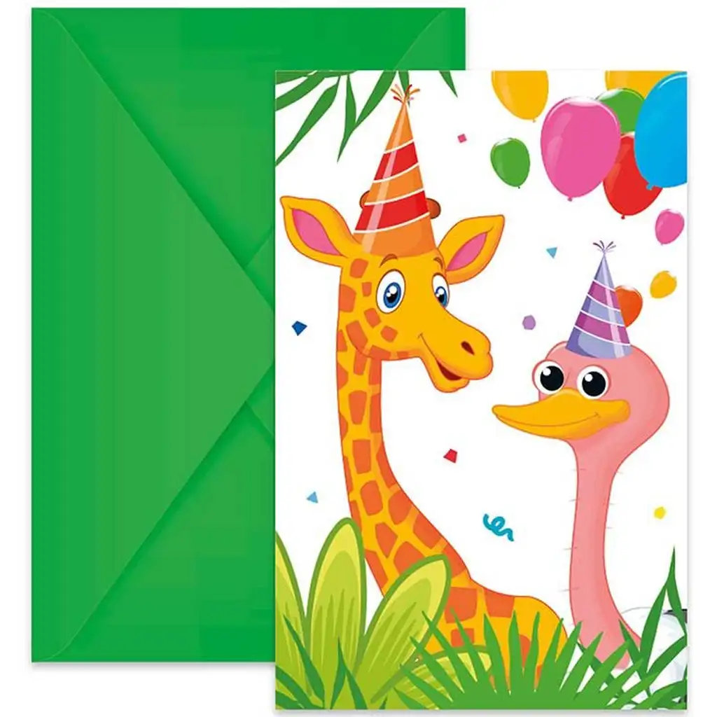 Vidám dzsungel mintás party meghívó borítékkal 6db-os szett