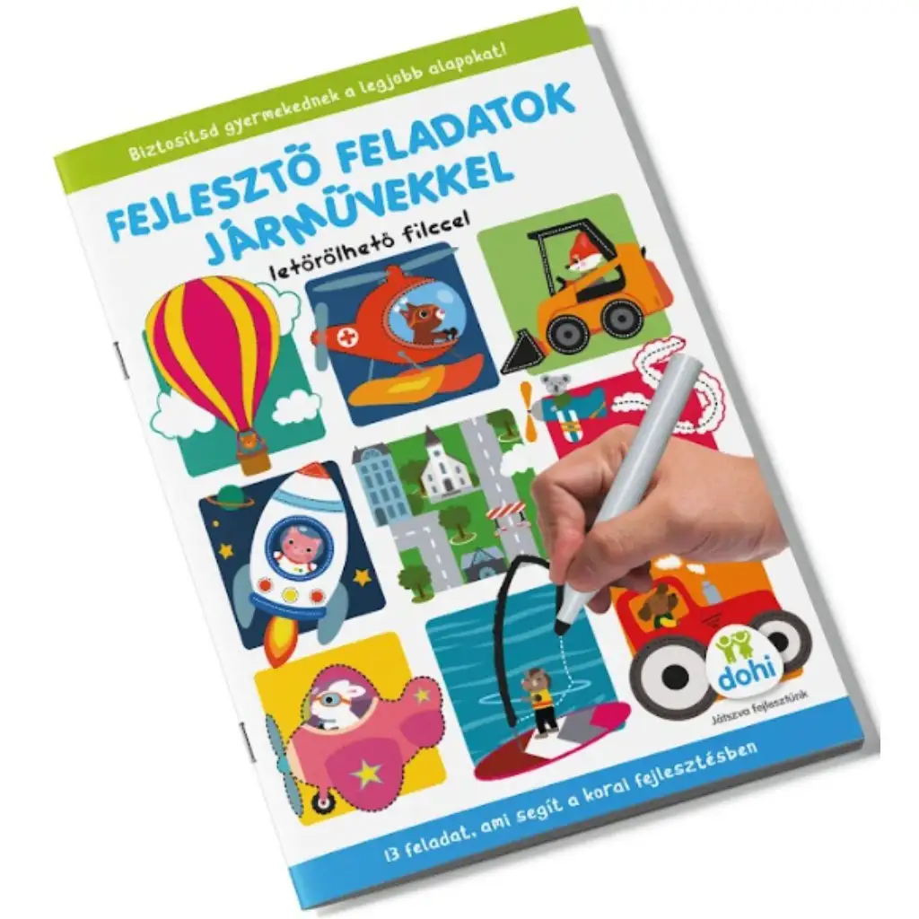 Fejlesztő feladatok járművekkel foglalkoztató füzet letörölhető filccel