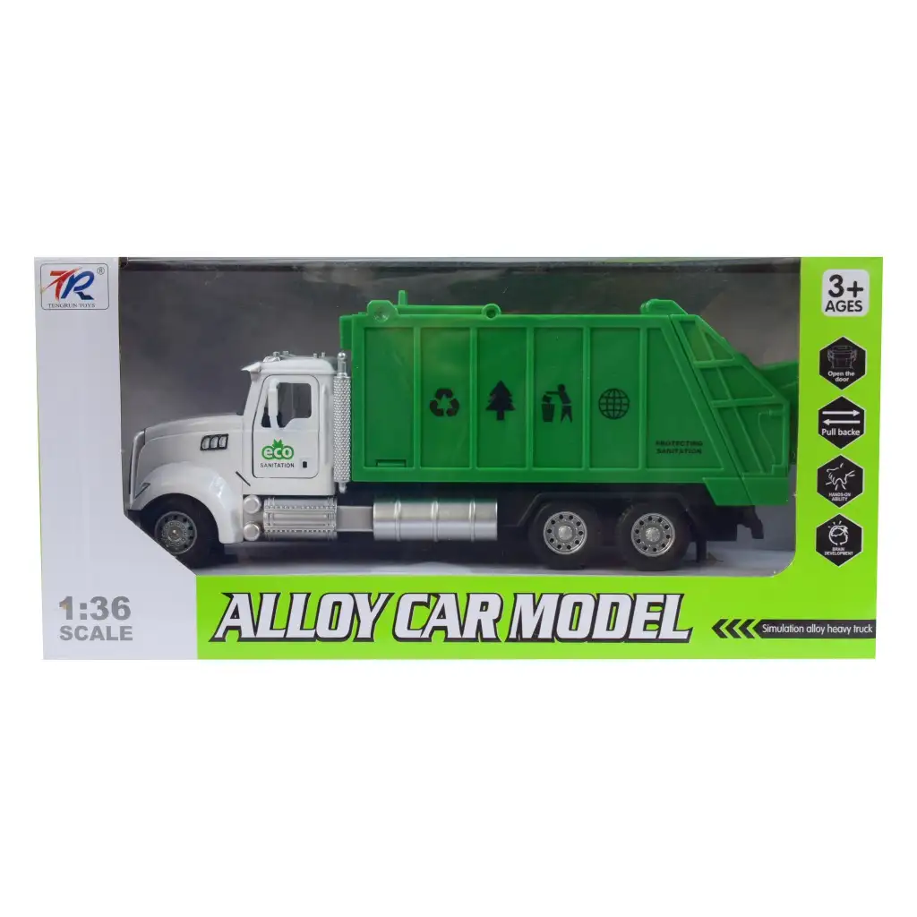 Heavy Duty Truck: Hátrahúzós fém szelektív hulladékgyűjtő teherautó modell nyitható ajtókkal és kukával 1/36 kép 2