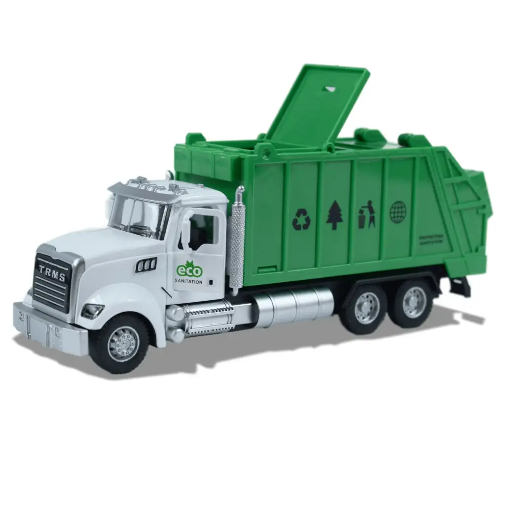 Heavy Duty Truck: Hátrahúzós fém szelektív hulladékgyűjtő teherautó modell nyitható ajtókkal és kukával 1/36 kép 4