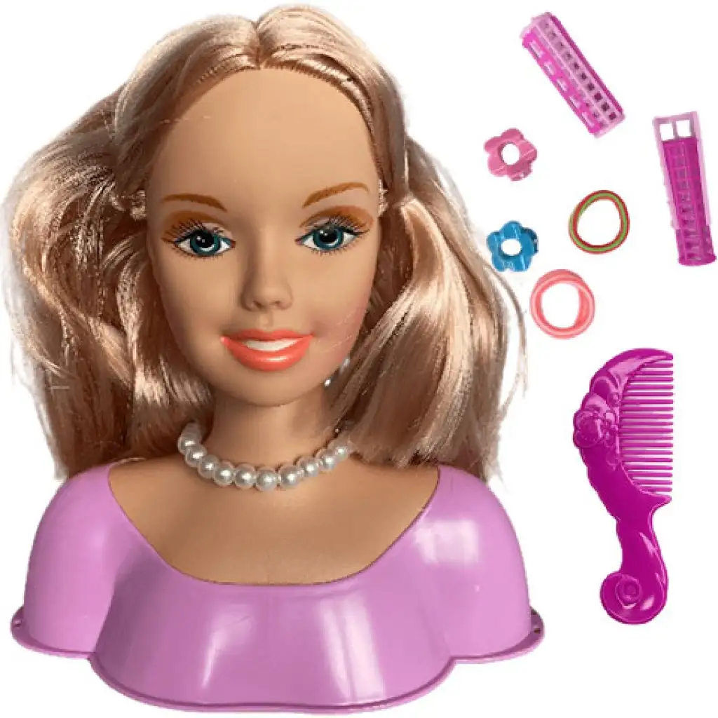 Fésülhető szőke hosszúhajú babafej hajcsavarokkal és kiegészítőkkel kép 2