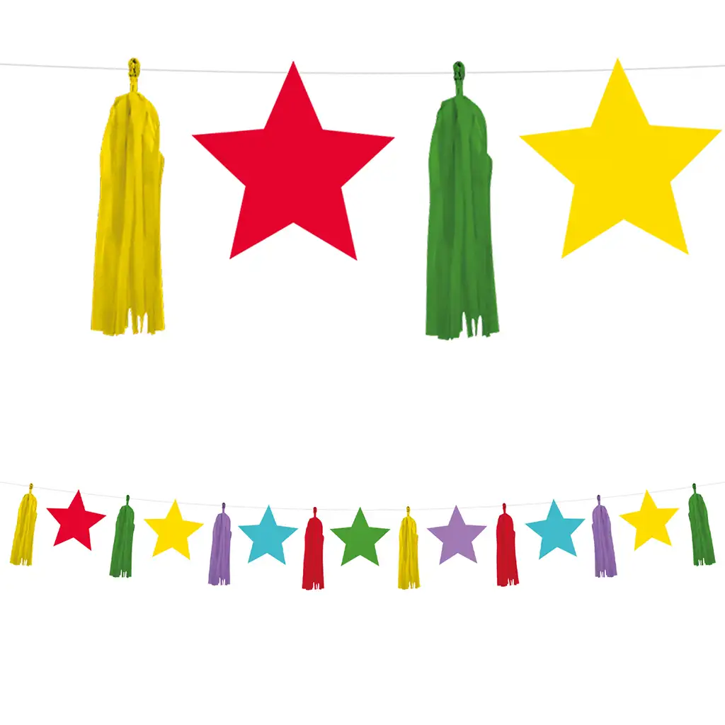 Színes csillagfüzér bojtokkal