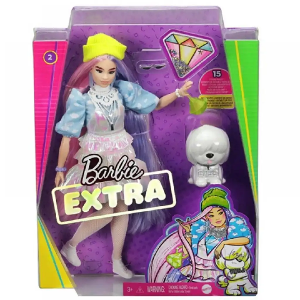 Barbie Extra: Baba csillogó ruhában, kiskedvenccel - Mattel