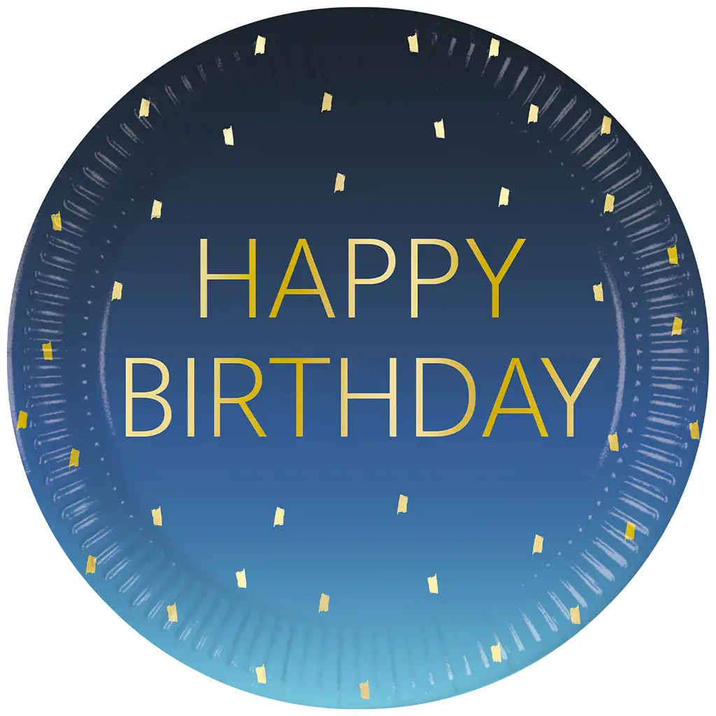 Kék színű szülinapi "Happy Birthday" feliratú papírtányér 8db-os szett 23cm