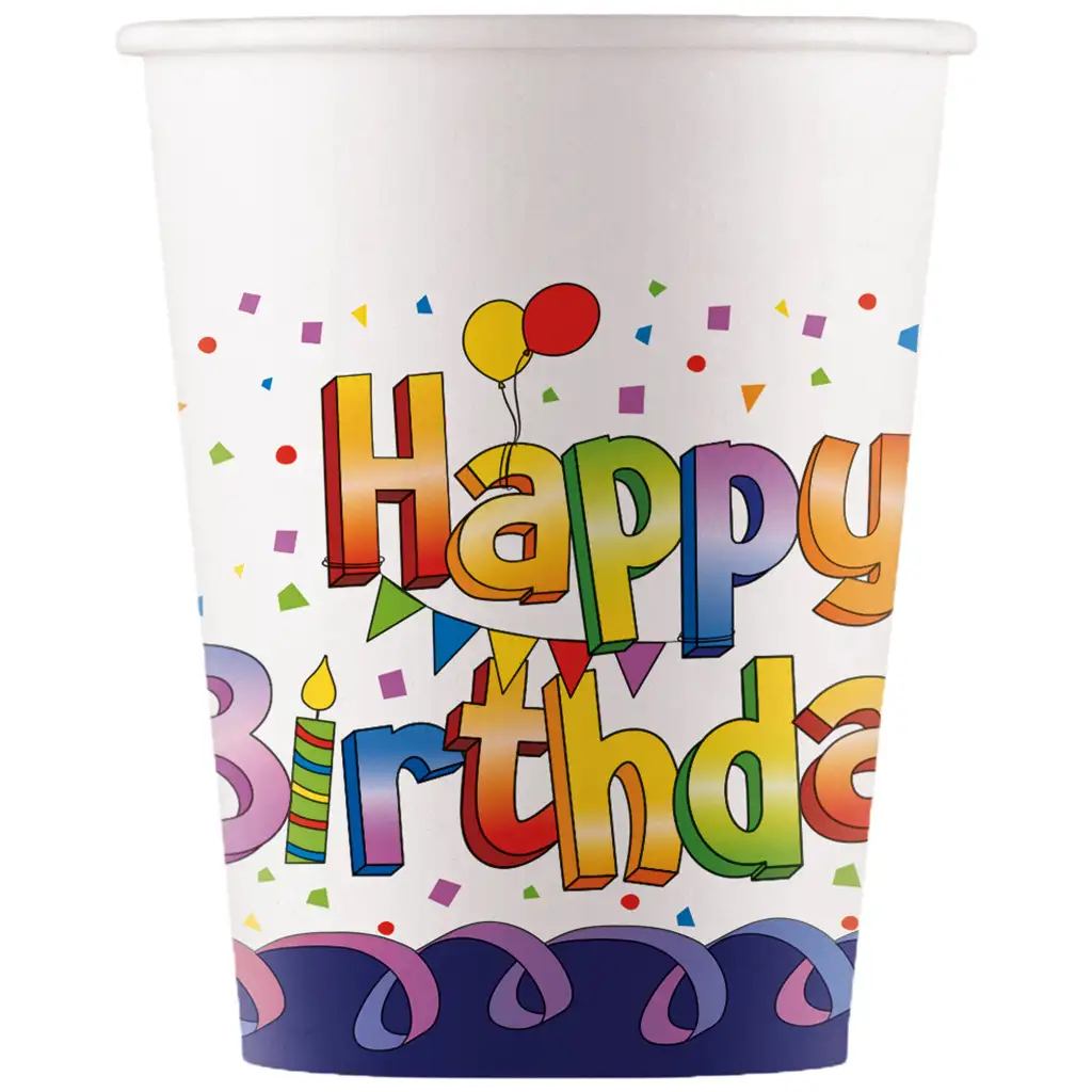 Szivárványos szülinapi "Happy Birthday" feliratú papírpohár 8db-os szett 200ml