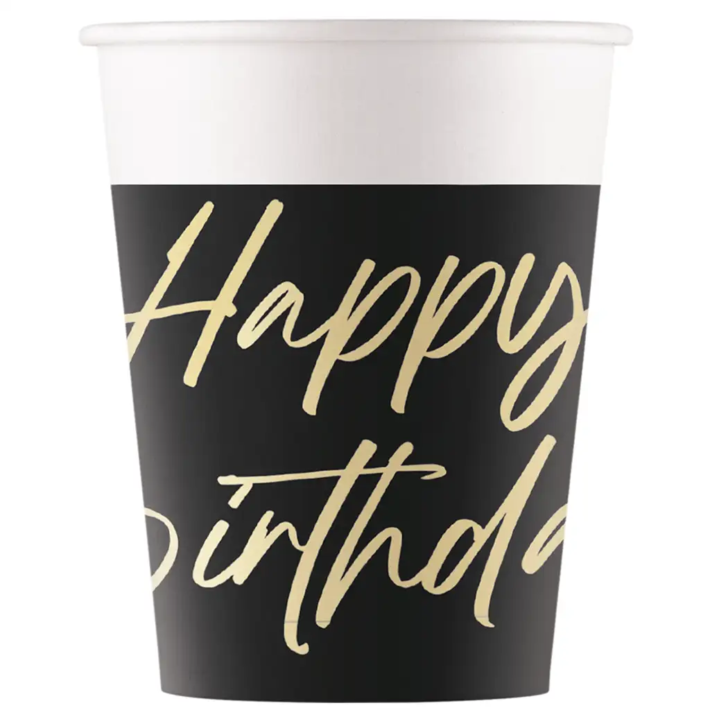 Elegáns szülinapi „Happy Birthday” feliratú papírpohár 8db-os szett 200ml