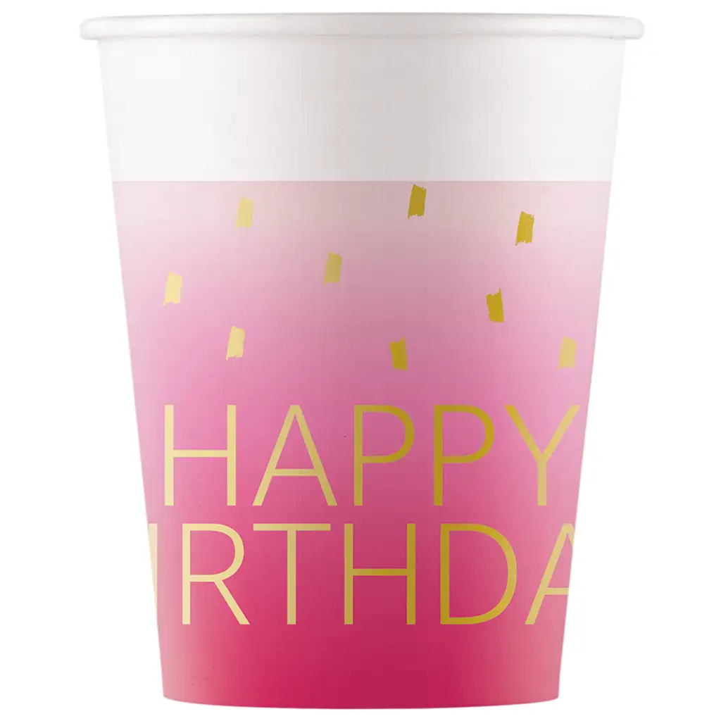 Rózsaszín színű szülinapi "Happy Birthday" feliratú papírpohár 8db-os szett 200ml