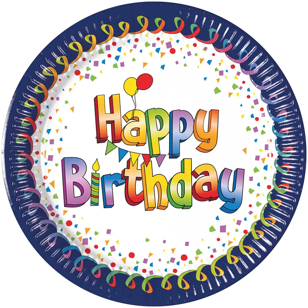 Vidám kék-fehér szülinapi „Happy Birthday” feliratú papírtányér 8db-os szett