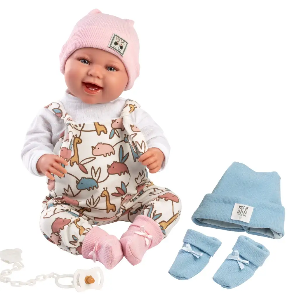 Llorens: 2 az 1-ben Tala és Talo 44cm-es újszülött baba hanggal, rózsaszín és kék kiegészítőkkel kép 3