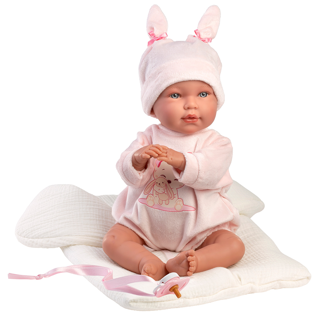 Llorens: Abril 42cm-es síró baba nyuszifüles sapkában hálózsákkal kép 2