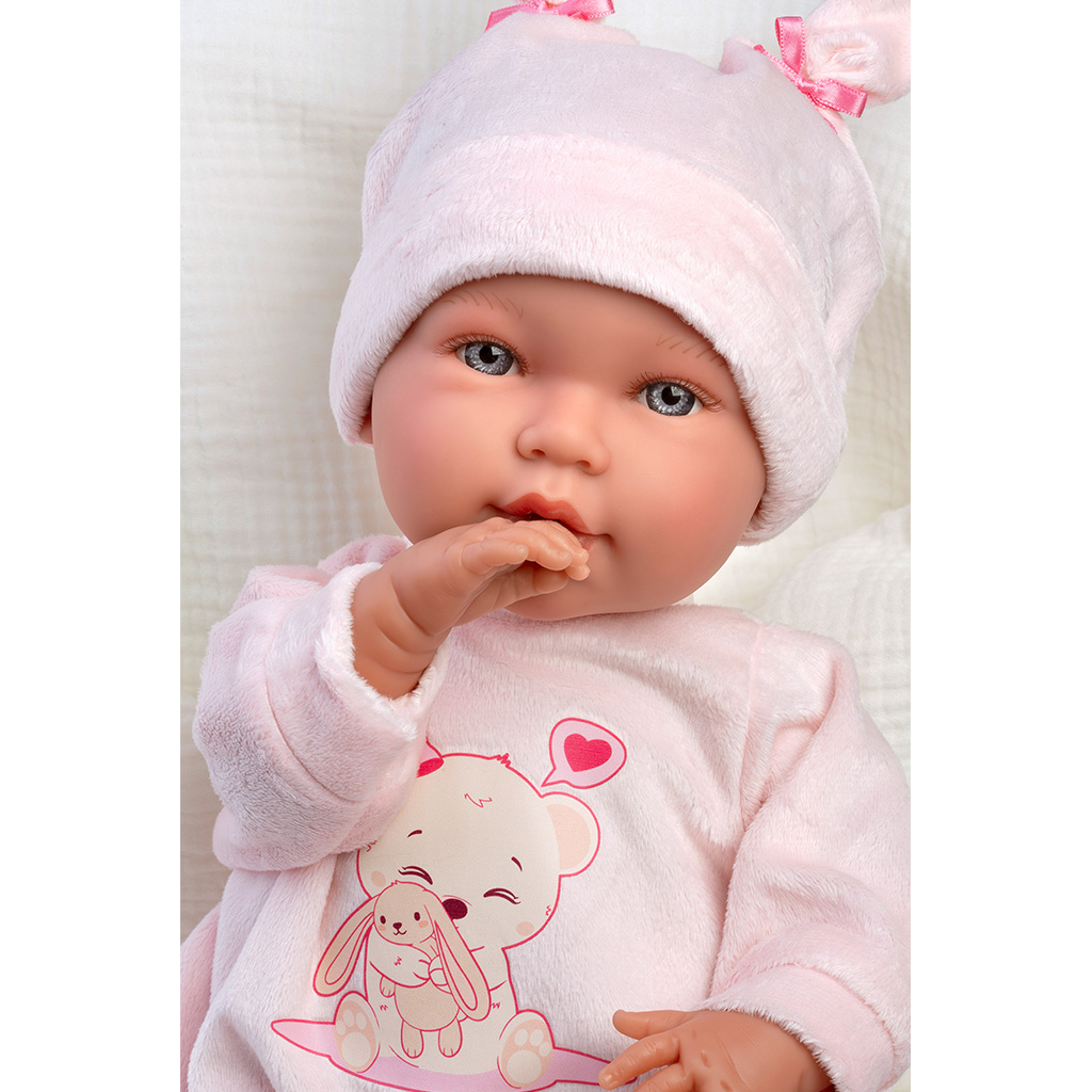 Llorens: Abril 42cm-es síró baba nyuszifüles sapkában hálózsákkal kép 3