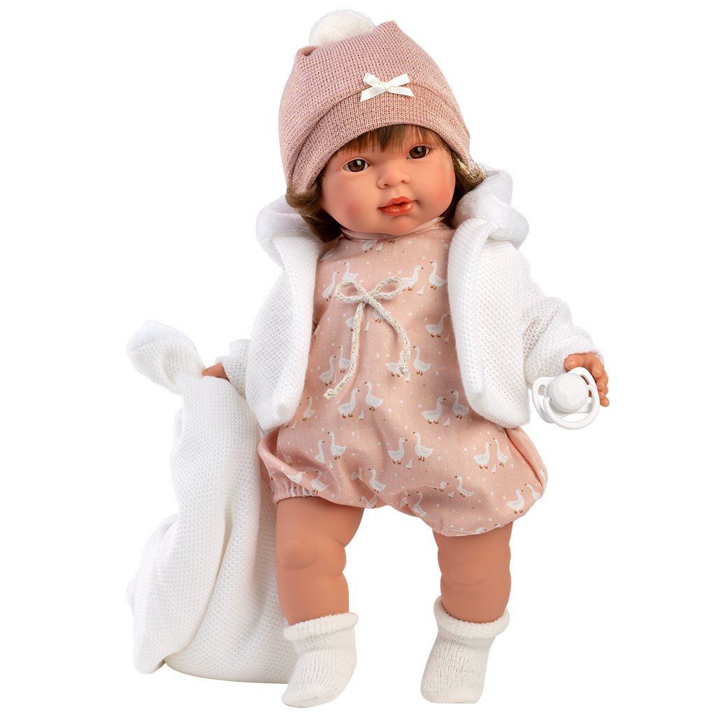 Llorens: Carla 42cm-es síró baba cumival és fehér takaróval