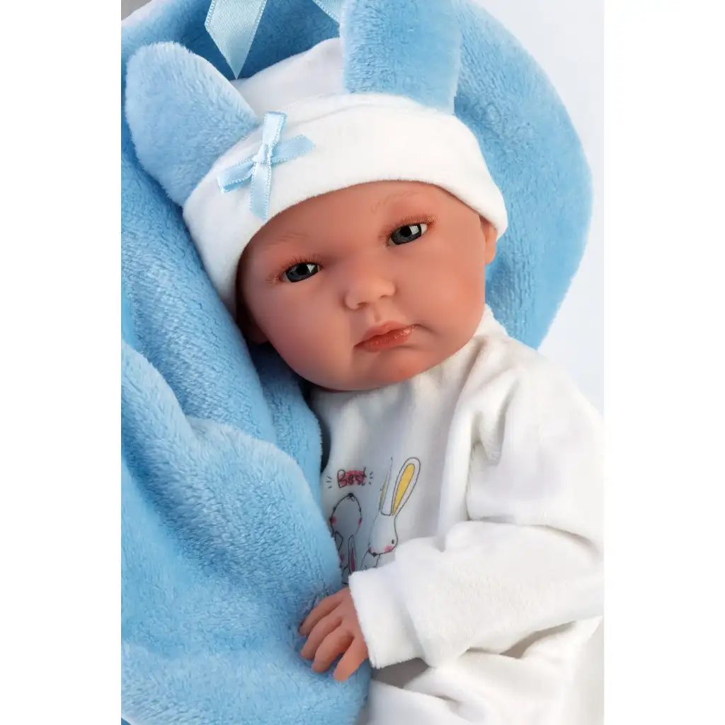 Llorens: Bimba 35cm-es baba kék nyuszis hálózsákkal kép 3