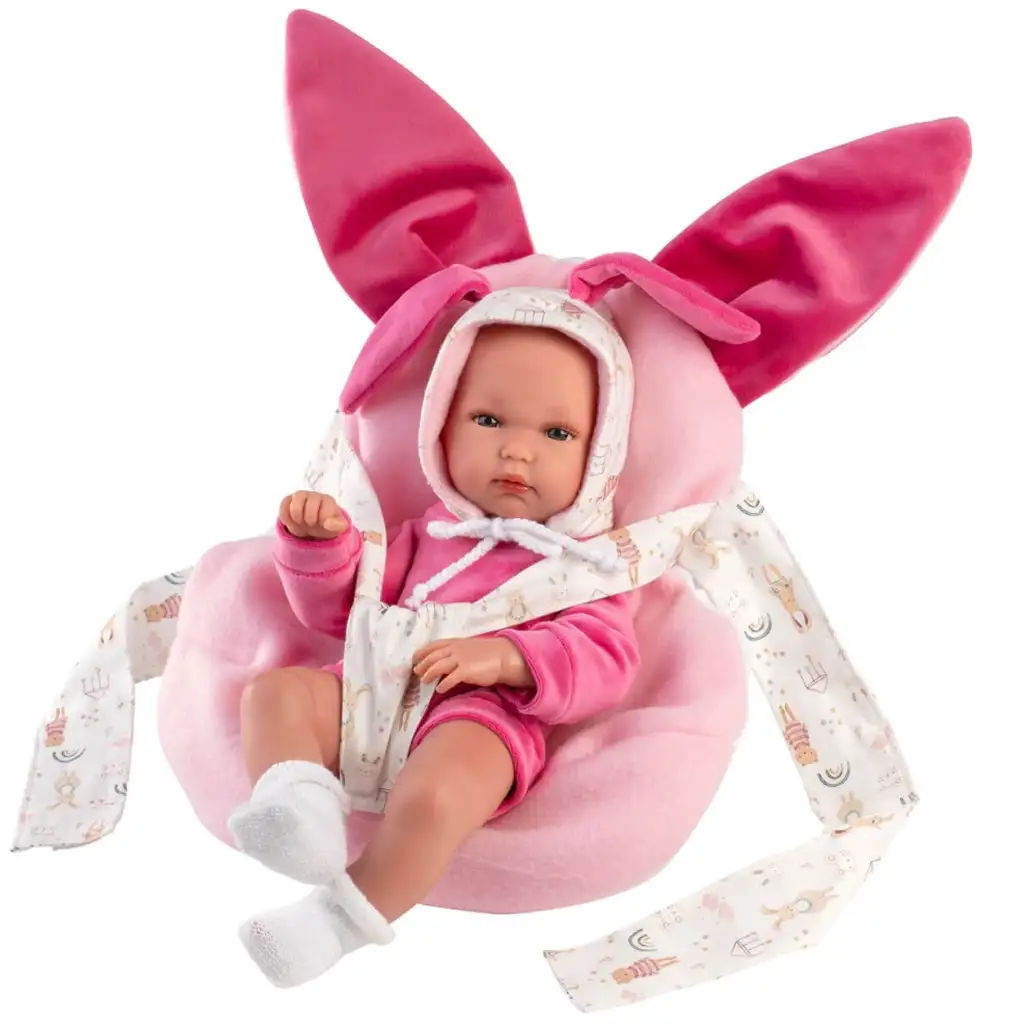 Llorens: Bimba újszülött baba rózsaszín nyuszis hordozóval 35cm kép 3