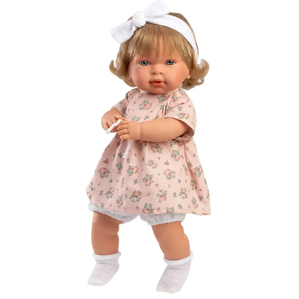 Llorens: Carla 42cm-es síró baba virágos ruhában fejpánttal kép 3