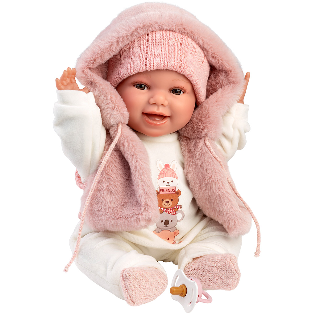 Llorens: Chloe 38cm-es síró baba rózsaszín mellényben