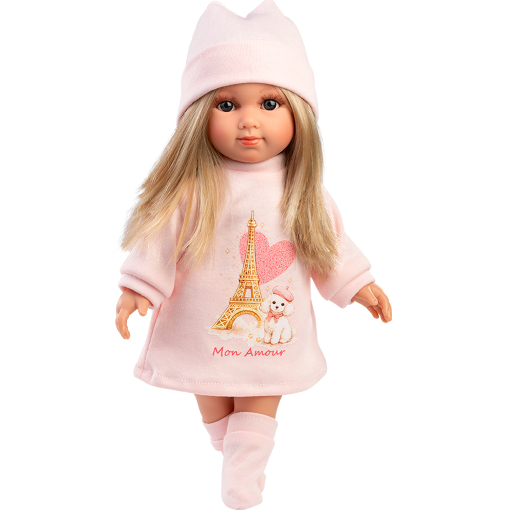 Llorens: Elena 35cm-es baba rózsaszín sapkában