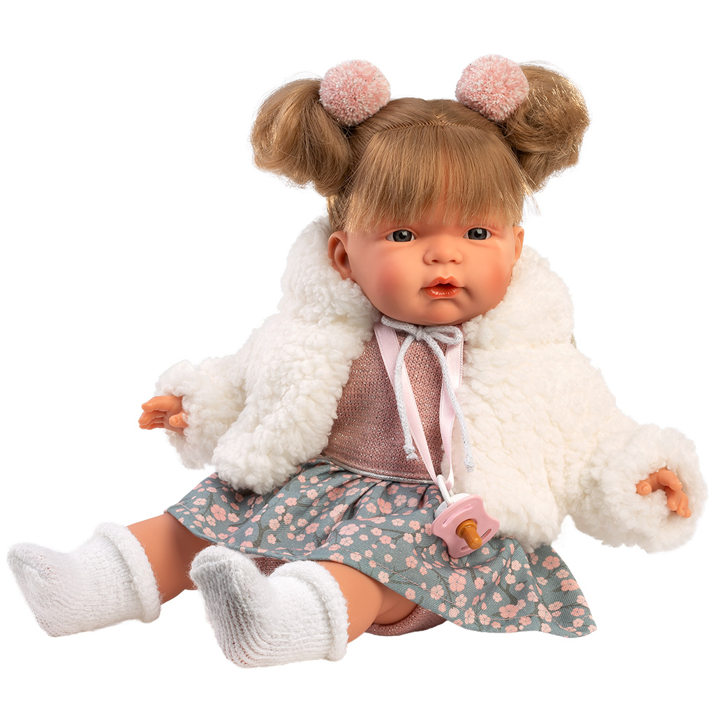 Llorens: Joelle 38cm-es síró baba cumival fehér kabátban kép 3