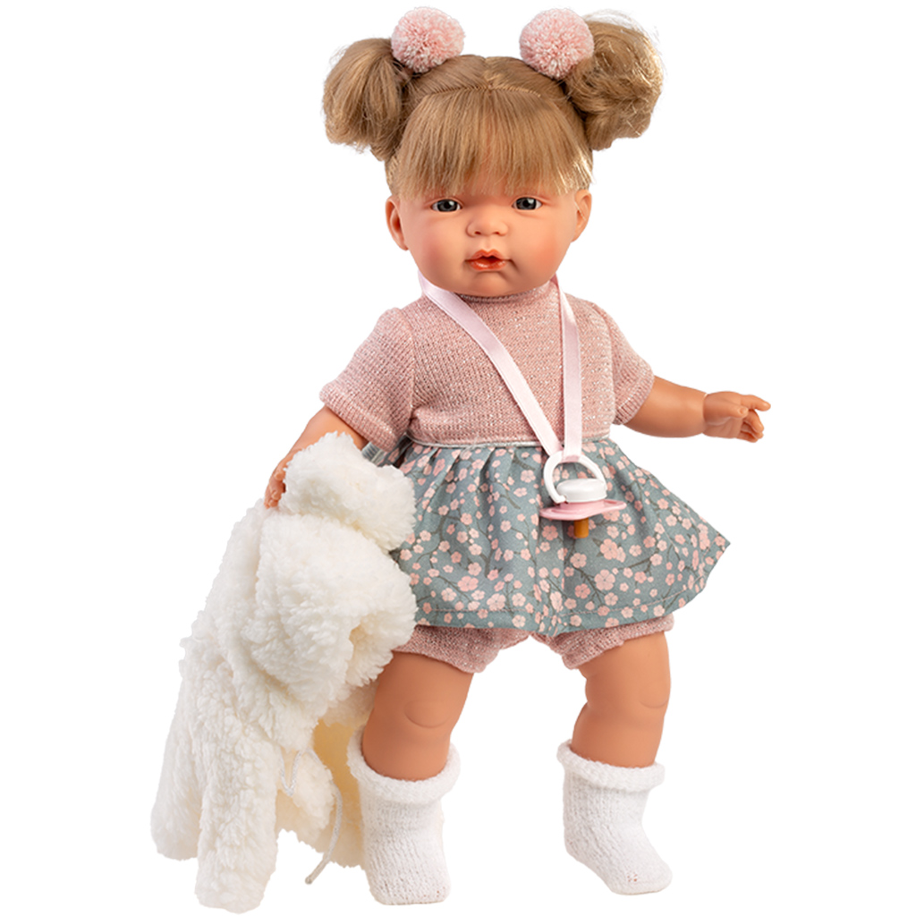 Llorens: Joelle 38cm-es síró baba cumival fehér kabátban kép 2