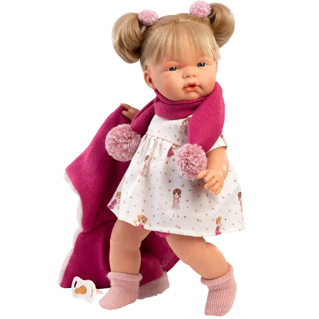 Llorens: Joelle 38cm-es síró baba cumival rózsaszín kabátban kép 2