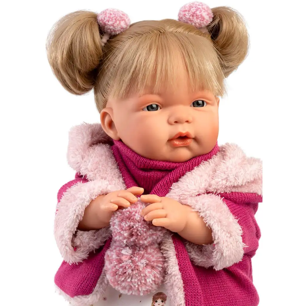 Llorens: Joelle 38cm-es síró baba cumival rózsaszín kabátban kép 3