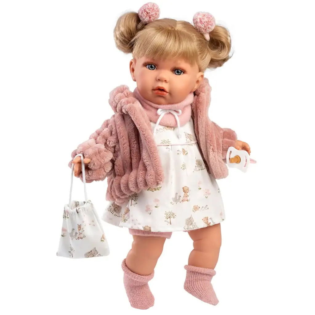 Llorens: Júlia 42cm-es síró baba cumival rózsaszín kabátban kép 3