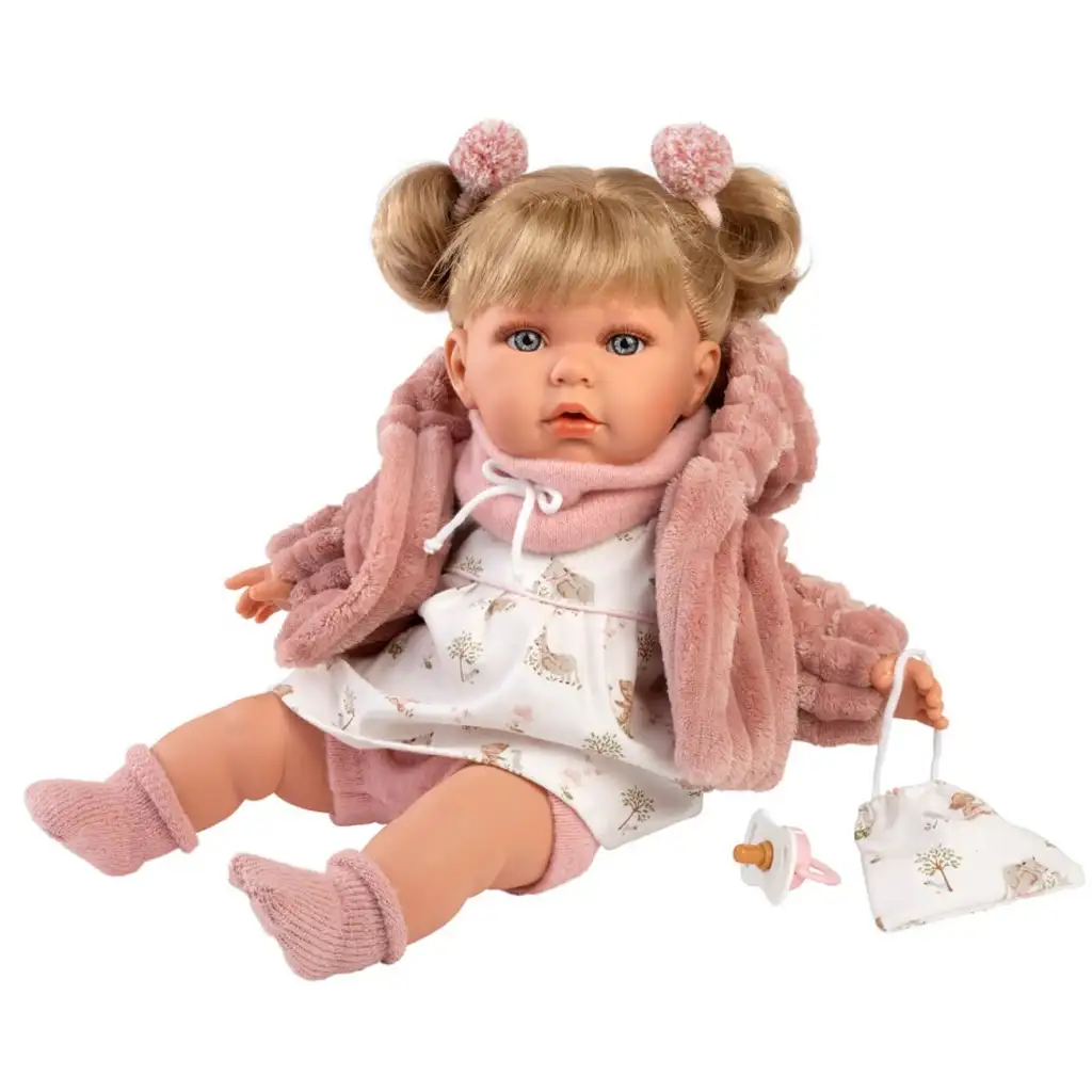 Llorens: Júlia 42cm-es síró baba cumival rózsaszín kabátban