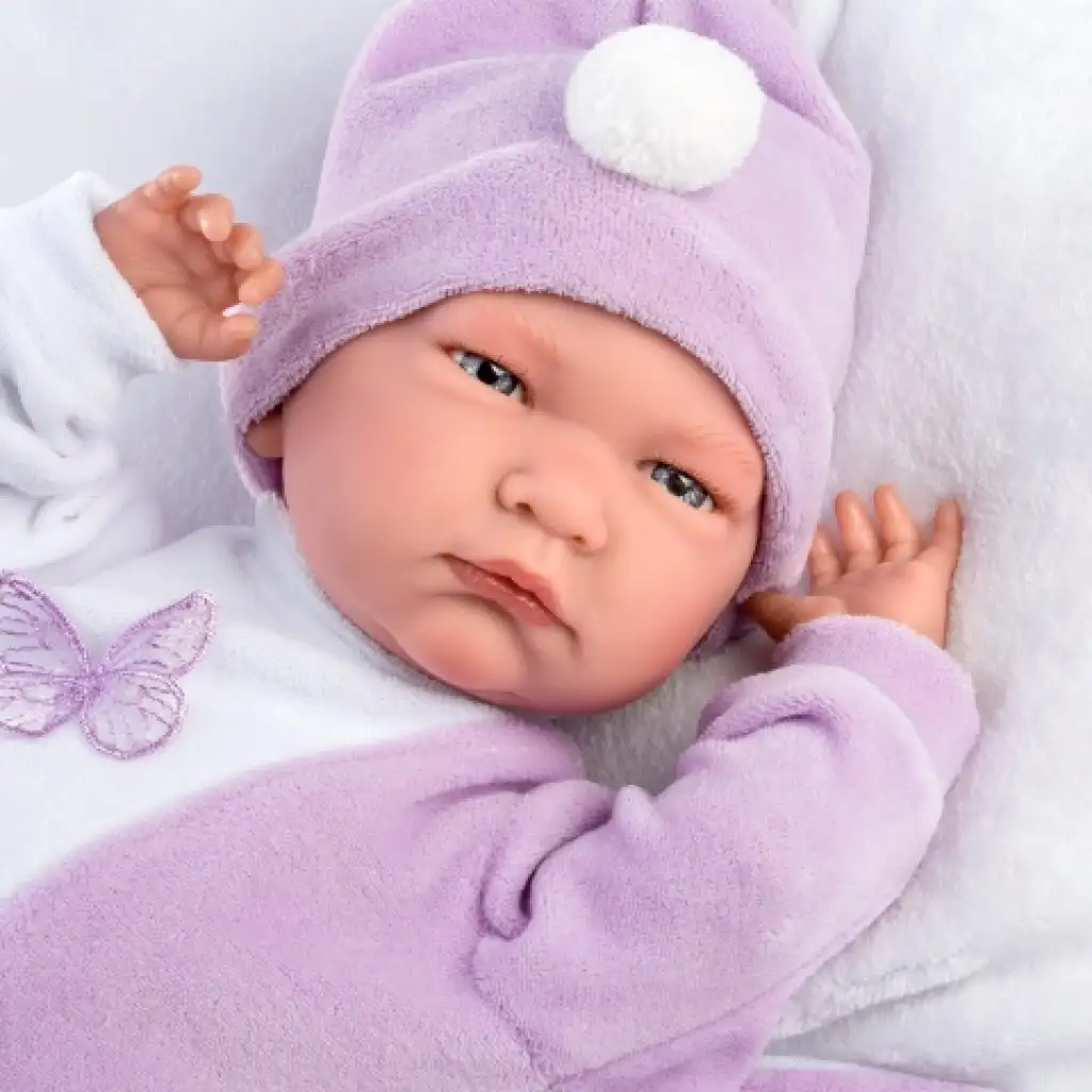 Llorens: Lalo Llorón 42cm-es síró újszülött baba pillangó formájú pólyában kép 3