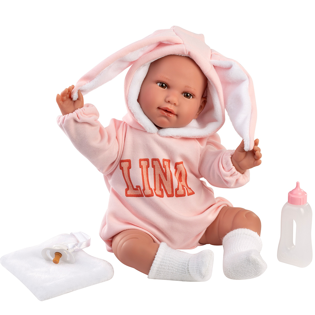 Llorens: Lina 45cm-es síró baba nyuszifüles babaruhában kép 2