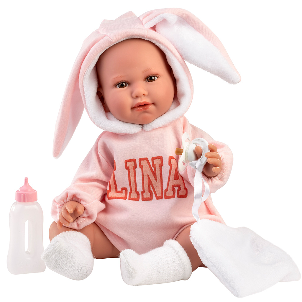 Llorens: Lina 45cm-es síró baba nyuszifüles babaruhában