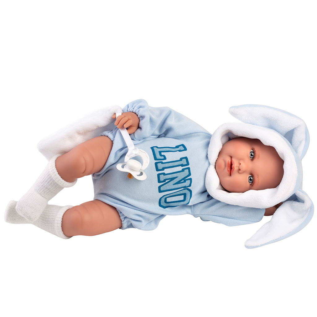 Llorens: Lino 45cm-es síró baba nyuszifüles babaruhában kép 3