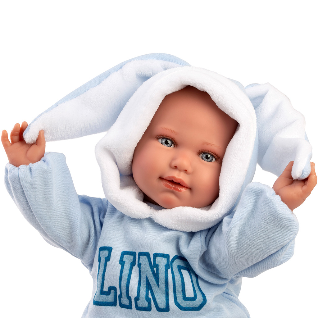 Llorens: Lino 45cm-es síró baba nyuszifüles babaruhában kép 4