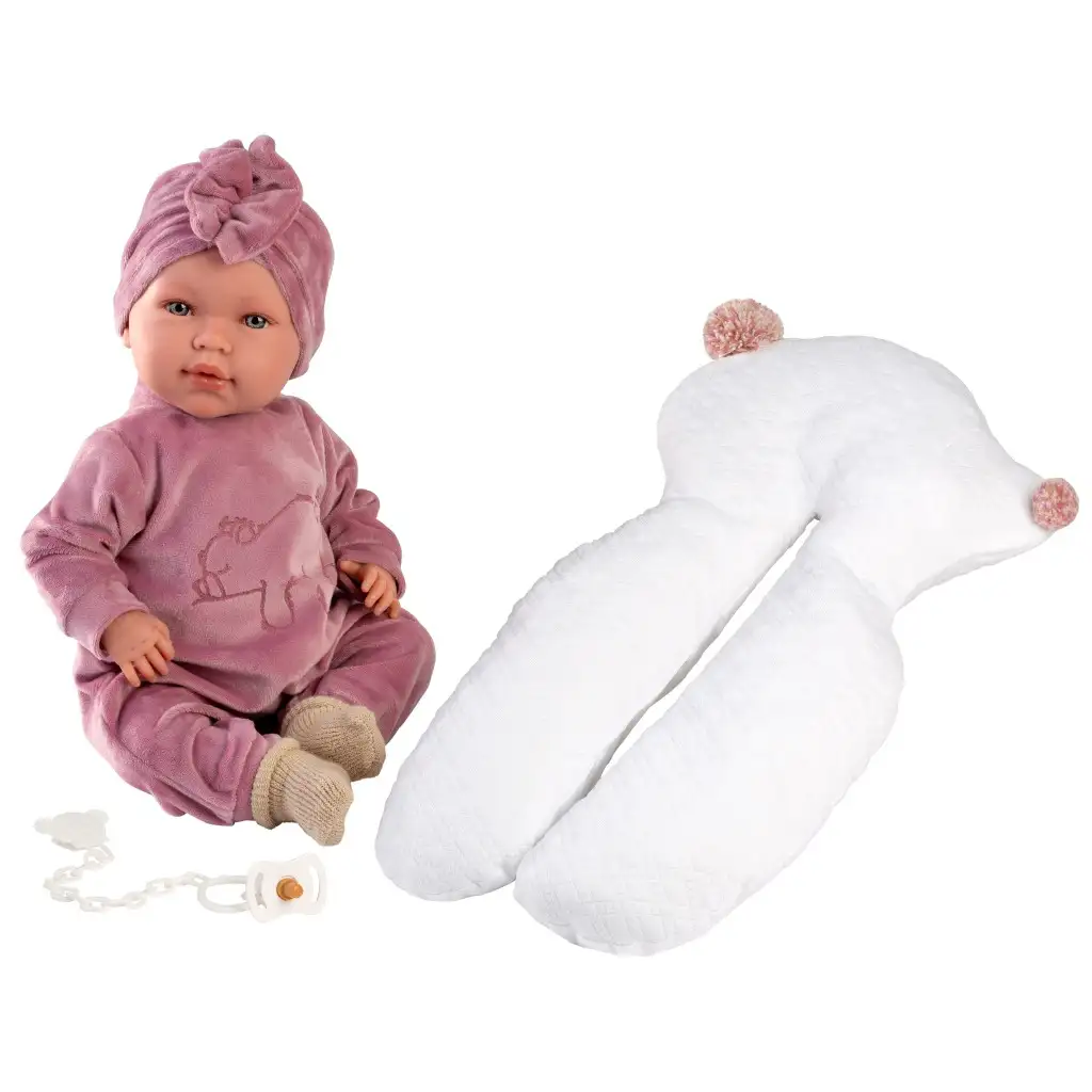 Llorens: Mimi Llorana 42cm-es baba hanggal, macis kezeslábasban párnával kép 3